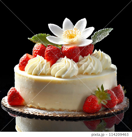 苺とホワイトチョコレートの華やかなデコレーションケーキ　黒背景 114209463