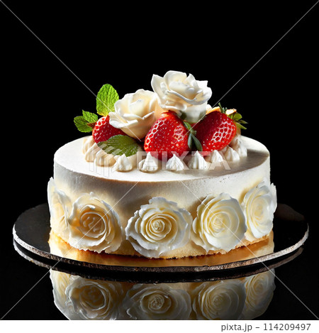 苺とホワイトチョコレートの華やかなデコレーションケーキ　黒背景 114209497