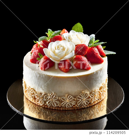 苺とホワイトチョコレートの華やかなデコレーションケーキ　黒背景 114209505