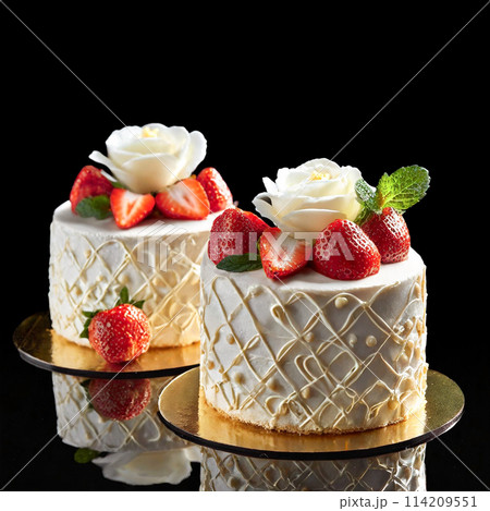 苺とホワイトチョコレートの華やかなデコレーションケーキ 黒背景 苺とホワイトチョコレートの華やかなデコレーションケーキ 黒背景 114209551