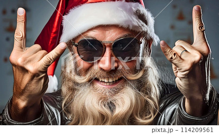 Cool Santa Claus Making a Heavy-Metal Gesture and Looking at Camera - Generative Ai 114209561