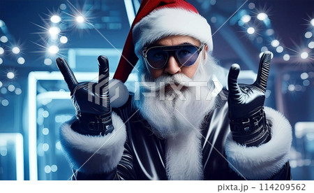 Cool Santa Claus Making a Heavy-Metal Gesture and Looking at Camera - Generative Ai 114209562