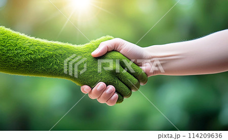 Handshake Between a Human Hand and a Hand Made of Green Grass - Generative Ai 114209636
