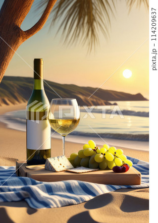 Sunset picnic white wine, grapes and cheese, on beautiful sea sand beach. 114209637