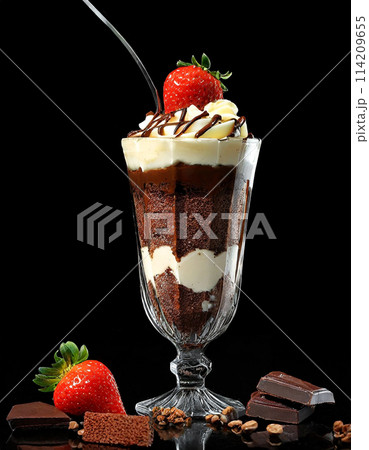 苺とチョコレートのパフェ　黒背景 114209655