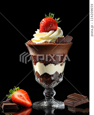苺とチョコレートのパフェ 黒背景 苺とチョコレートのパフェ 黒背景 114209659
