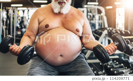 Obese Man with Fat Belly Lifting Weights in Order to Lose Weight - Generative Ai 114209771