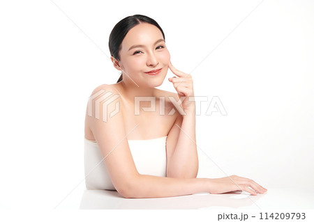 Beautiful young asian woman with clean fresh skin on white background, Face care, Facial treatment, Cosmetology, beauty and spa, Asian women portrait. 114209793