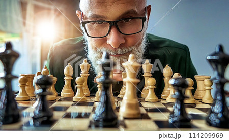 Pensive Male Chess Player Wearing Glasses Thinking About Game Strategy - Generative Ai Pensive Male Chess Player Wearing Glasses Thinking About Game Strategy - Generative Ai 114209969