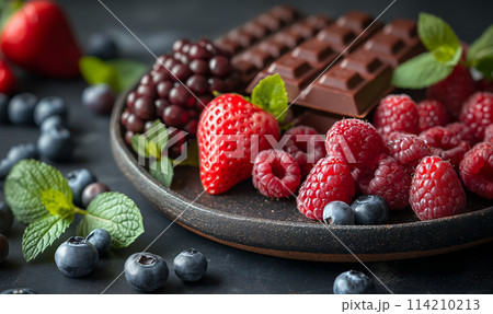 Chocolate and fresh berries on the table. 114210213