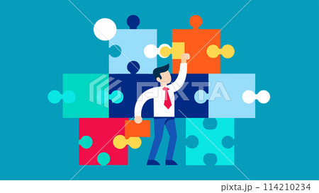 Business strategy and teamwork concept with man assembling jigsaw puzzle Business strategy and teamwork concept with man assembling jigsaw puzzle 114210234