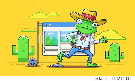Cartoon cowboy frog in desert with web browser window and cacti vector illustration Cartoon cowboy frog in desert with web browser window and cacti vector illustration 114210339