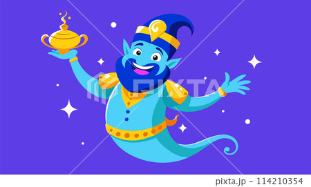 Cartoon genie with magic lamp on purple background vector illustration 114210354