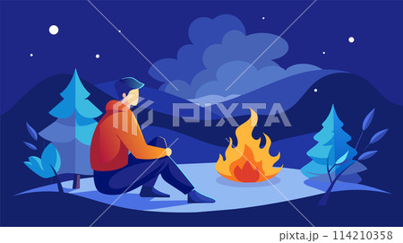 Man sitting by campfire in winter night landscape vector illustration 114210358