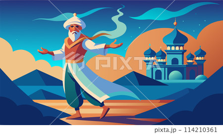 Magical arabian nights scene with genie and palace vector illustration 114210361