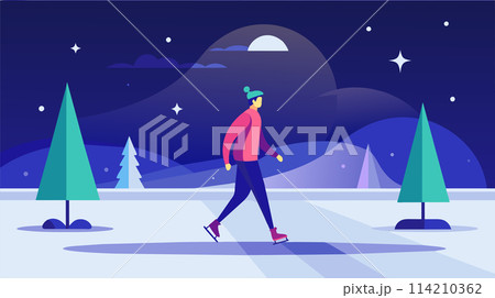 Winter night scene with person ice skating in a serene landscape vector illustration 114210362
