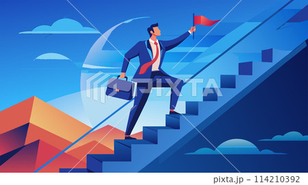 Businessman climbing stairs to success with a flag 114210392