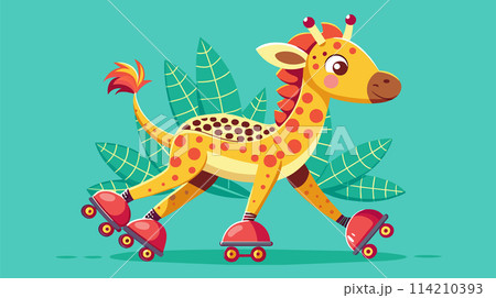Cartoon giraffe on rollerskates with tropical leaves vector illustration 114210393