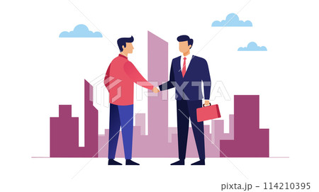 Businessmen shaking hands in urban setting 114210395