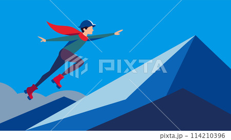 Dynamic superhero character flying over mountains in vector illustration 114210396