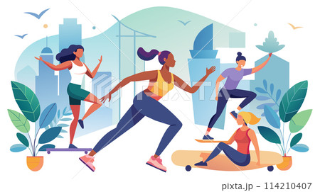 Urban women enjoying outdoor fitness activities 114210407