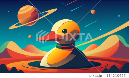 Cartoon space duck in a vibrant cosmic landscape with planets 114210425