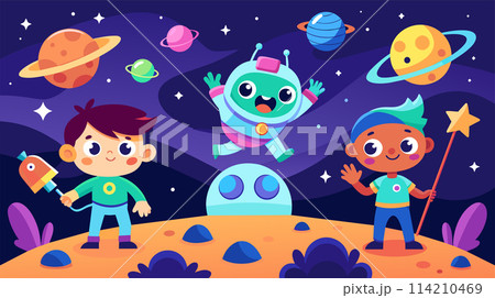 Children and robot friend exploring outer space in a colorful vector illustration 114210469