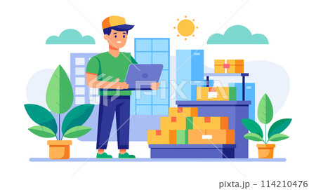 Man Standing in Front of Pile of Boxes Man Standing in Front of Pile of Boxes 114210476