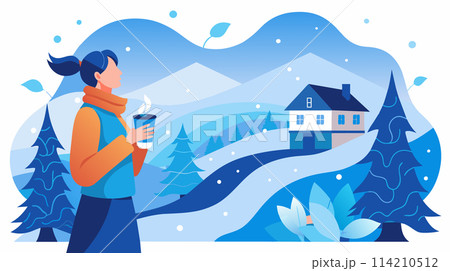 Winter woman enjoying a warm drink, cozy snowy landscape view vector illustration Winter woman enjoying a warm drink, cozy snowy landscape view vector illustration 114210512