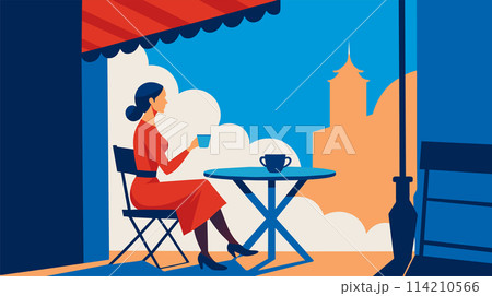 Elegant woman enjoying coffee at a street cafe vector illustration Elegant woman enjoying coffee at a street cafe vector illustration 114210566