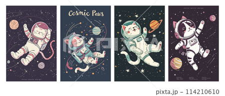 Retro science fiction, a space exploration scene on Mars and astronaut illustration poster set. 114210610