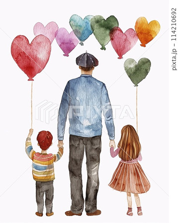 Father Day card set with cute watercolor images of father and son and daughter. 114210692