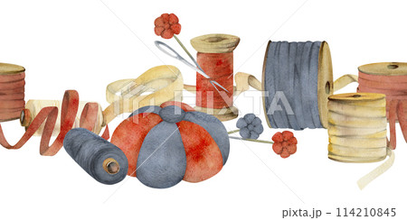 Hand drawn watercolor illustration sewing craft supplies. Pin cushion ribbon thread bobbin needles flower pins. Seamless banner isolated on white background. Design atelier, tailor, hobby shop Hand drawn watercolor illustration sewing craft supplies. Pin cushion ribbon thread bobbin needles flower pins. Seamless banner isolated on white background. Design atelier, tailor, hobby shop 114210845