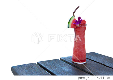 Top view of Glass of fresh red watermelon juice, focus selective 114211256