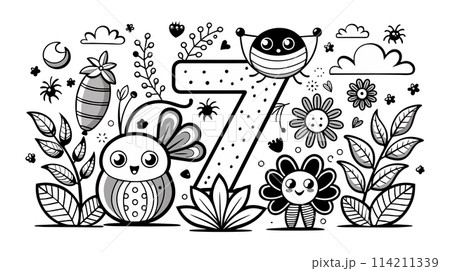 Children's coloring book page with number 7 and cute characters 114211339