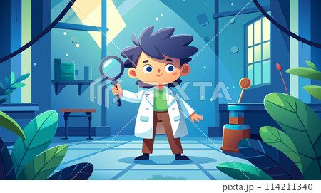 Curious young scientist exploring with a magnifying glass 114211340