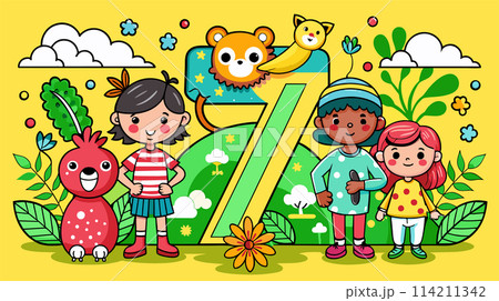 Cheerful children with cute animals in a whimsical nature scene vector illustration 114211342
