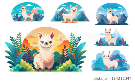 Cute cartoon llamas in various landscapes, vector illustration set 114211344