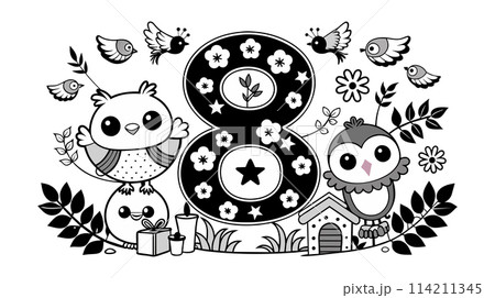 Cute owls and number eight children's coloring page vector illustration 114211345