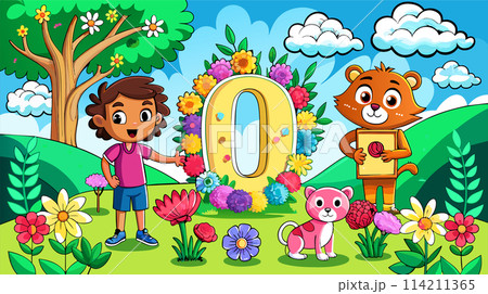 Cheerful children's illustration with animals and flowers in a fantasy landscape 114211365