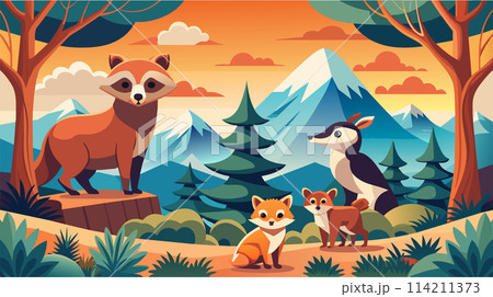 Colorful vector illustration of forest animals in a mountain landscape 114211373