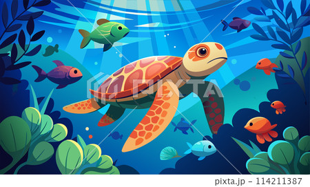 Colorful underwater scene with sea turtle and tropical fish Colorful underwater scene with sea turtle and tropical fish 114211387