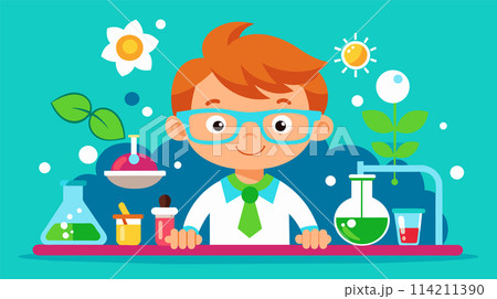 Cartoon boy conducting science experiments in a lab - education concept Cartoon boy conducting science experiments in a lab - education concept 114211390