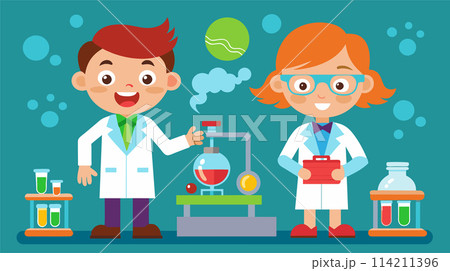 Cheerful cartoon children in science lab with equipment illustration 114211396