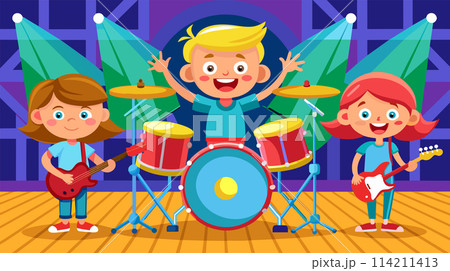 Happy children band performing on stage cartoon vector illustration 114211413