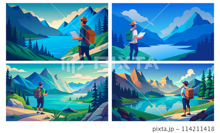 Set of adventure travel explorer scenes with scenic landscapes 114211418