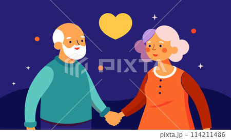 Elderly couple holding hands with a heart in background Elderly couple holding hands with a heart in background 114211486