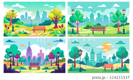 Urban park scenes through seasons, cityscape background, vector illustration set Urban park scenes through seasons, cityscape background, vector illustration set 114211537