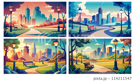 City park landscapes at different times of day with urban background 114211547