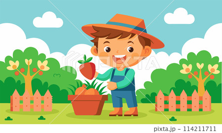 Smiling cartoon boy gardening, picking organic apples in orchard 114211711